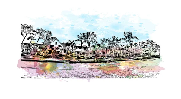 Print Gebouwenzicht Met Herkenningspunt Oranjestad Hoofdstad Van Aruba Aquarel Plons — Stockvector