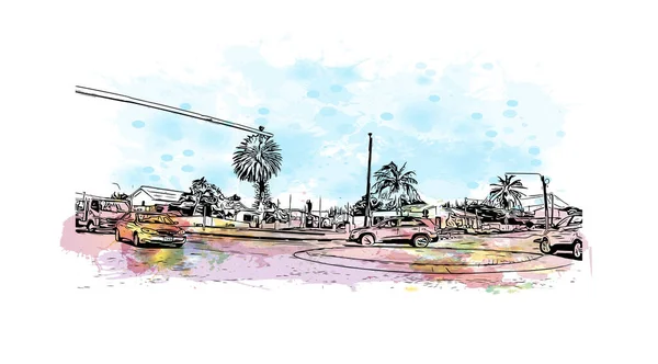 Drukuj Widok Budynku Znakiem Rozpoznawczym Oranjestad Jest Stolicą Aruby Akwarela — Wektor stockowy