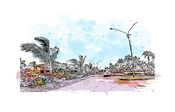 Print Building View Landmark Oranjestad Capital Aruba Vektörde Elle Çizilmiş — Stok Vektör