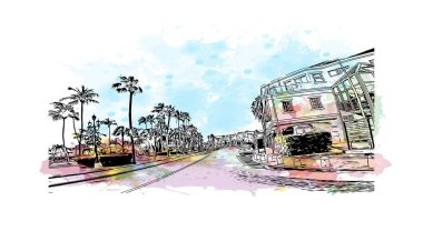 Print Building view with landmark of Oranjestad is capital of Aruba. Vektörde elle çizilmiş resim ile suluboya sıçraması.