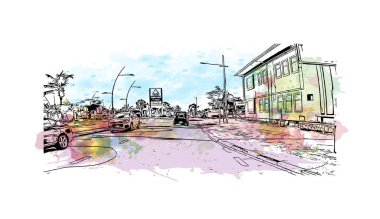 Print Building view with landmark of Oranjestad is capital of Aruba. Vektörde elle çizilmiş resim ile suluboya sıçraması.