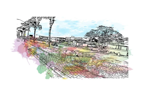 Print Building View Landmark Oranjestad Arubas Huvudstad Akvarell Stänk Med — Stock vektor