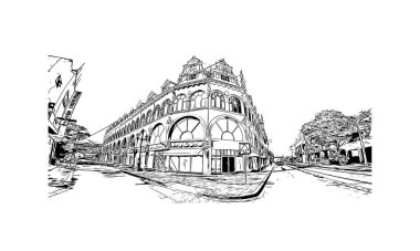 Print Building view with landmark of Oranjestad is capital of Aruba. Vektörde elle çizilmiş çizim çizimi.