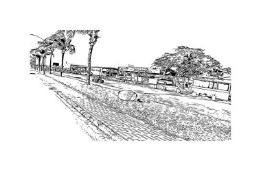 Print Building view with landmark of Oranjestad is capital of Aruba. Vektörde elle çizilmiş çizim çizimi.