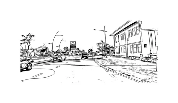Vytisknout Pohled Budovu Orientačním Bodem Oranjestad Hlavním Městem Aruby Ručně — Stockový vektor