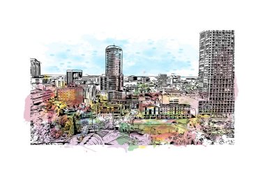 Orlando 'nun simgesi olan Print Building View Florida' da bulunmaktadır. Vektörde elle çizilmiş resim ile suluboya sıçraması.