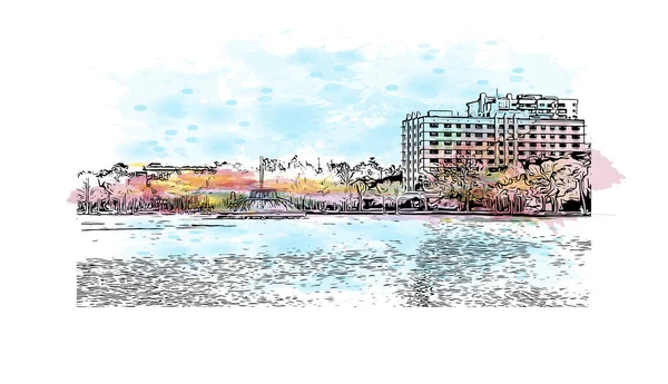 奥兰多的标志性建筑是佛罗里达的一个城市 矢量手绘示意图水彩画 — 图库矢量图片