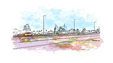 Orlando 'nun simgesi olan Print Building View Florida' da bulunmaktadır. Vektörde elle çizilmiş resim ile suluboya sıçraması.