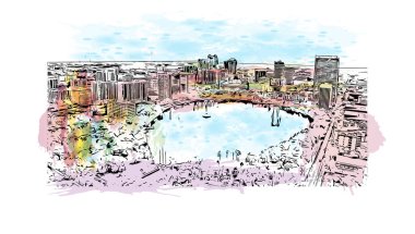Orlando 'nun simgesi olan Print Building View Florida' da bulunmaktadır. Vektörde elle çizilmiş resim ile suluboya sıçraması.