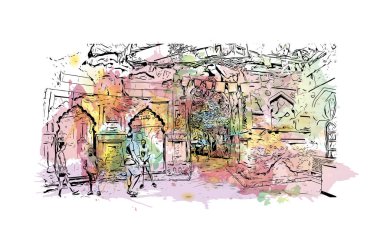 Orlando 'nun simgesi olan Print Building View Florida' da bulunmaktadır. Vektörde elle çizilmiş resim ile suluboya sıçraması.