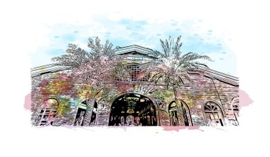 Orlando 'nun simgesi olan Print Building View Florida' da bulunmaktadır. Vektörde elle çizilmiş resim ile suluboya sıçraması.