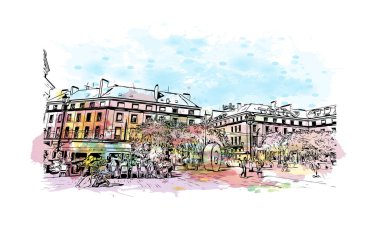 Orleans 'ın simgesi olan Print Building Manzarası Fransa' daki bir şehirdir. Vektörde elle çizilmiş resim ile suluboya sıçraması.