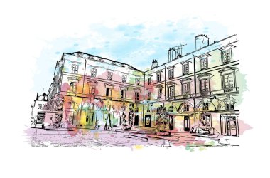 Orleans 'ın simgesi olan Print Building Manzarası Fransa' daki bir şehirdir. Vektörde elle çizilmiş resim ile suluboya sıçraması.