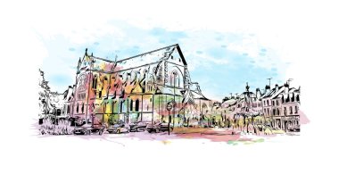 Orleans 'ın simgesi olan Print Building Manzarası Fransa' daki bir şehirdir. Vektörde elle çizilmiş resim ile suluboya sıçraması.