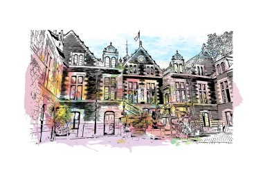 Orleans 'ın simgesi olan Print Building Manzarası Fransa' daki bir şehirdir. Vektörde elle çizilmiş resim ile suluboya sıçraması.