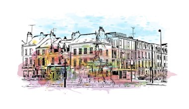 Orleans 'ın simgesi olan Print Building Manzarası Fransa' daki bir şehirdir. Vektörde elle çizilmiş resim ile suluboya sıçraması.