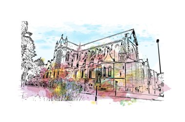 Orleans 'ın simgesi olan Print Building Manzarası Fransa' daki bir şehirdir. Vektörde elle çizilmiş resim ile suluboya sıçraması.