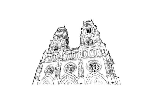 Print Building View Landmark Orleans City France Hand Drawn Sketch — Stock Vector