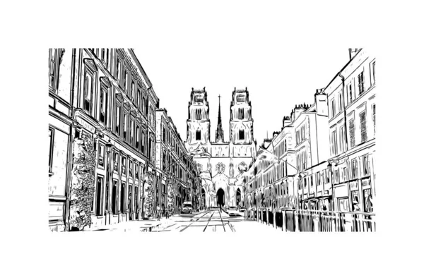 Print Building Vista Com Marco Orleans Cidade França Desenho Desenhado — Vetor de Stock