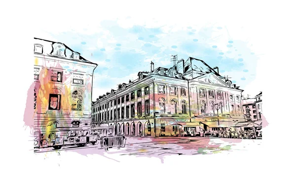 Print Building View Landmark Orleans Staden Frankrike Akvarell Stänk Med — Stock vektor