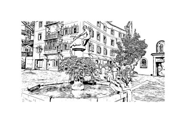Print Building view with landmark of Urtijei is the town in Italy. Vektörde elle çizilmiş çizim çizimi.