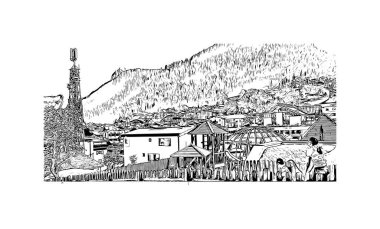 Print Building view with landmark of Urtijei is the town in Italy. Vektörde elle çizilmiş çizim çizimi.