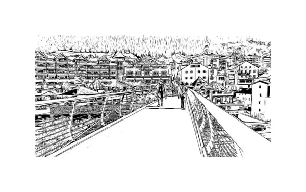 Vytisknout Pohled Budovu Orientačním Bodem Urtijei Město Itálii Ručně Kreslená — Stockový vektor