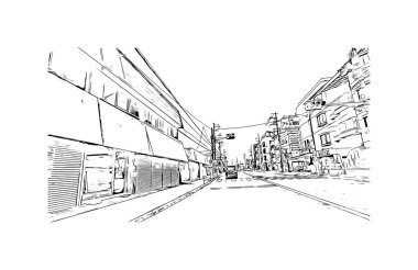 Japonya 'nın başkenti Osaka' nın simgesi olan Print Building View 'dir. Vektörde elle çizilmiş çizim çizimi.
