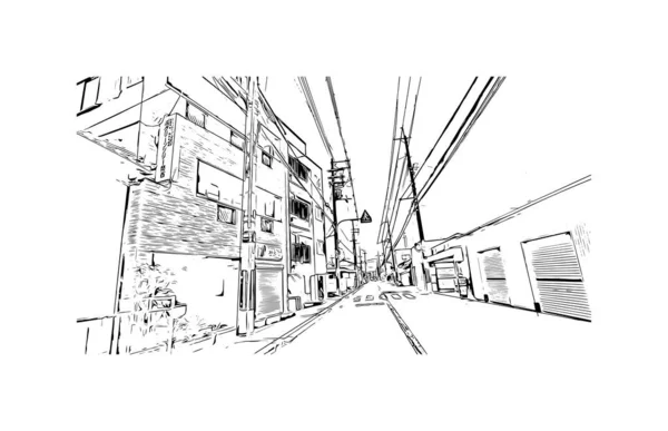 Print Building Vista Com Marco Osaka Cidade Japão Desenho Desenhado — Vetor de Stock