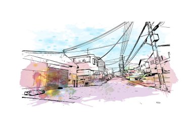 Japonya 'nın başkenti Osaka' nın simgesi olan Print Building View 'dir. Vektörde elle çizilmiş resim ile suluboya sıçraması.