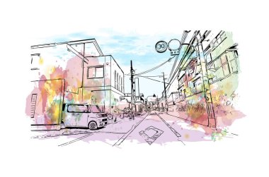 Japonya 'nın başkenti Osaka' nın simgesi olan Print Building View 'dir. Vektörde elle çizilmiş resim ile suluboya sıçraması.