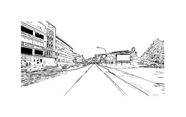 Print Building view, Almanya 'nın kuzeybatısında yer alan bir şehirdir. Vektörde elle çizilmiş çizim çizimi.