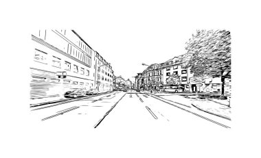 Print Building view, Almanya 'nın kuzeybatısında yer alan bir şehirdir. Vektörde elle çizilmiş çizim çizimi.
