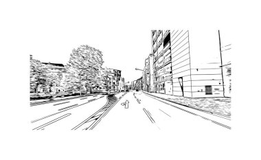 Print Building view, Almanya 'nın kuzeybatısında yer alan bir şehirdir. Vektörde elle çizilmiş çizim çizimi.