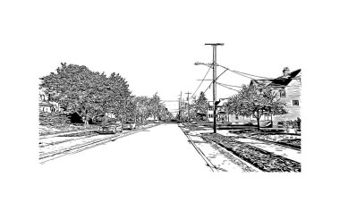 Print Building view with landmark of Oshkosh is the city in Wisconsin. Vektörde elle çizilmiş çizim çizimi.