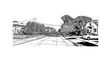 Print Building view with landmark of Oshkosh is the city in Wisconsin. Vektörde elle çizilmiş çizim çizimi.