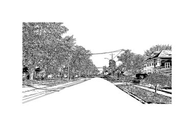 Print Building view with landmark of Oshkosh is the city in Wisconsin. Vektörde elle çizilmiş çizim çizimi.