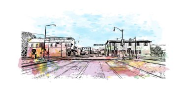 Print Building view with landmark of Oshkosh is the city in Wisconsin. Vektörde elle çizilmiş resim ile suluboya sıçraması.