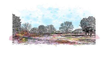 Print Building view with landmark of Oshkosh is the city in Wisconsin. Vektörde elle çizilmiş resim ile suluboya sıçraması.