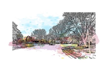 Print Building view with landmark of Oshkosh is the city in Wisconsin. Vektörde elle çizilmiş resim ile suluboya sıçraması.