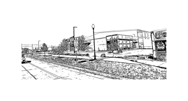 带有奥什科什地标的印刷建筑景观是威斯康星州的一个城市 矢量手绘草图 — 图库矢量图片