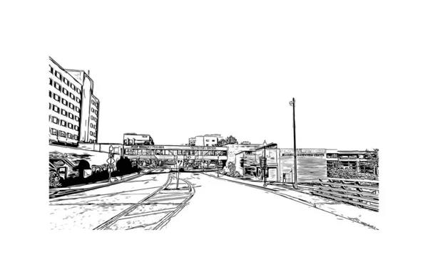 带有奥什科什地标的印刷建筑景观是威斯康星州的一个城市 矢量手绘草图 — 图库矢量图片