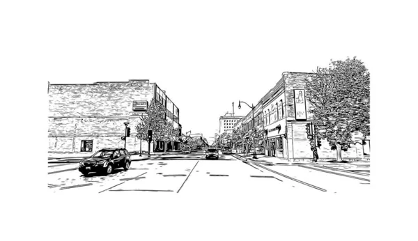 Print Building View Landmark Oshkosh Staden Wisconsin Handritad Skiss Illustration — Stock vektor