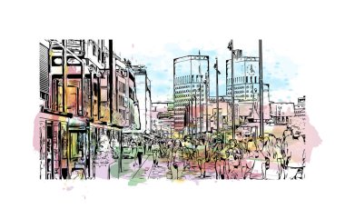 Print Building view with landmark of Oslo is the capital of Norway. Vektörde elle çizilmiş resim ile suluboya sıçraması.