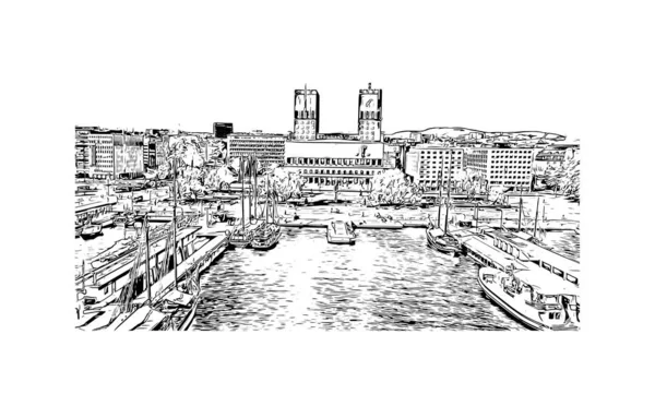 Print Vue Imprenable Sur Oslo Est Capitale Norvège Illustration Dessinée — Image vectorielle