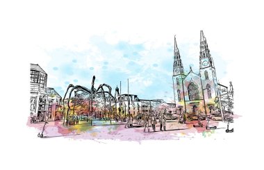 Print Building view with landmark of Ottawa Kanada 'nın başkentidir. Vektörde elle çizilmiş resim ile suluboya sıçraması.