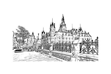 Print Building view with landmark of Ottawa Kanada 'nın başkentidir. Vektörde elle çizilmiş çizim çizimi.
