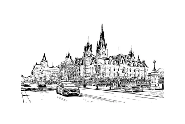 Print Building Vista Com Marco Ottawa Capital Canadá Desenho Desenhado — Vetor de Stock