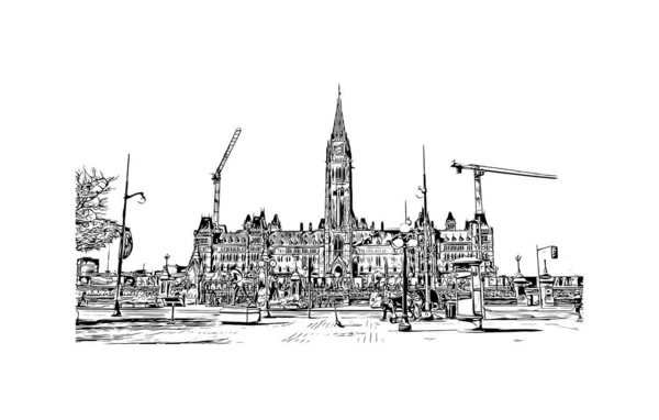 Print Building View Landmark Ottawa Kanadas Huvudstad Handritad Skiss Illustration — Stock vektor