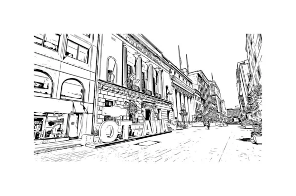 Print Building Vista Com Marco Ottawa Capital Canadá Desenho Desenhado —  Vetores de Stock